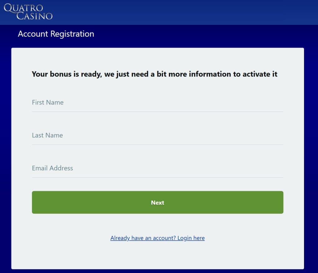 Quatro Casino login screen - secure account access